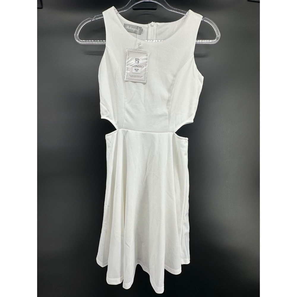 BELONGSCI Women White Racerback Cut Out Waist Flared A-Line Mini Swing Dress XS - Picture 4 of 6